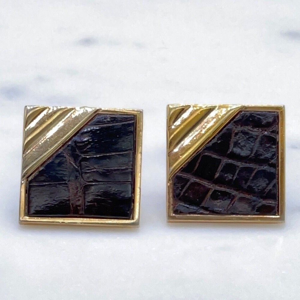 SWANK Vintage Gold Tone Brown Animal/Leather Detail Square Bullet Back Cufflinks